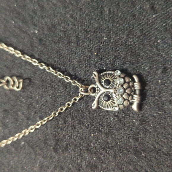Silver Tone Black and Clear Rhinestone Owl Pendant Statement Necklace - Picture 1 of 4